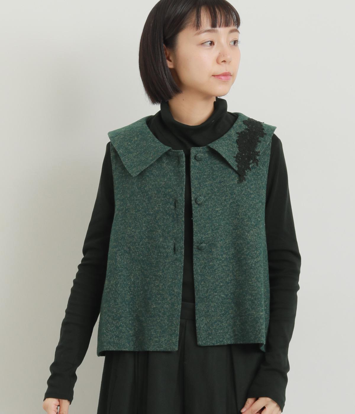 ツイード襟付きベスト(ブルーグリーン-F)