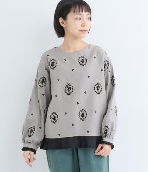 フロッキープリント2wayフリルブラウス(グレー-F)