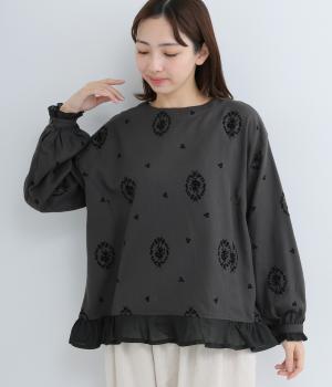 フロッキープリント2wayフリルブラウス(チャコールグレー-F)