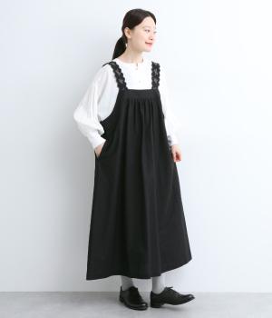 コットンリネン刺繍入りジャンパースカート(ブラック-ONESIZE)