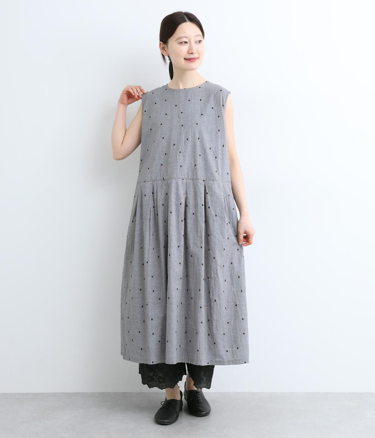 先染ドット刺繍ノースリーブワンピース(千鳥格子-ONESIZE)