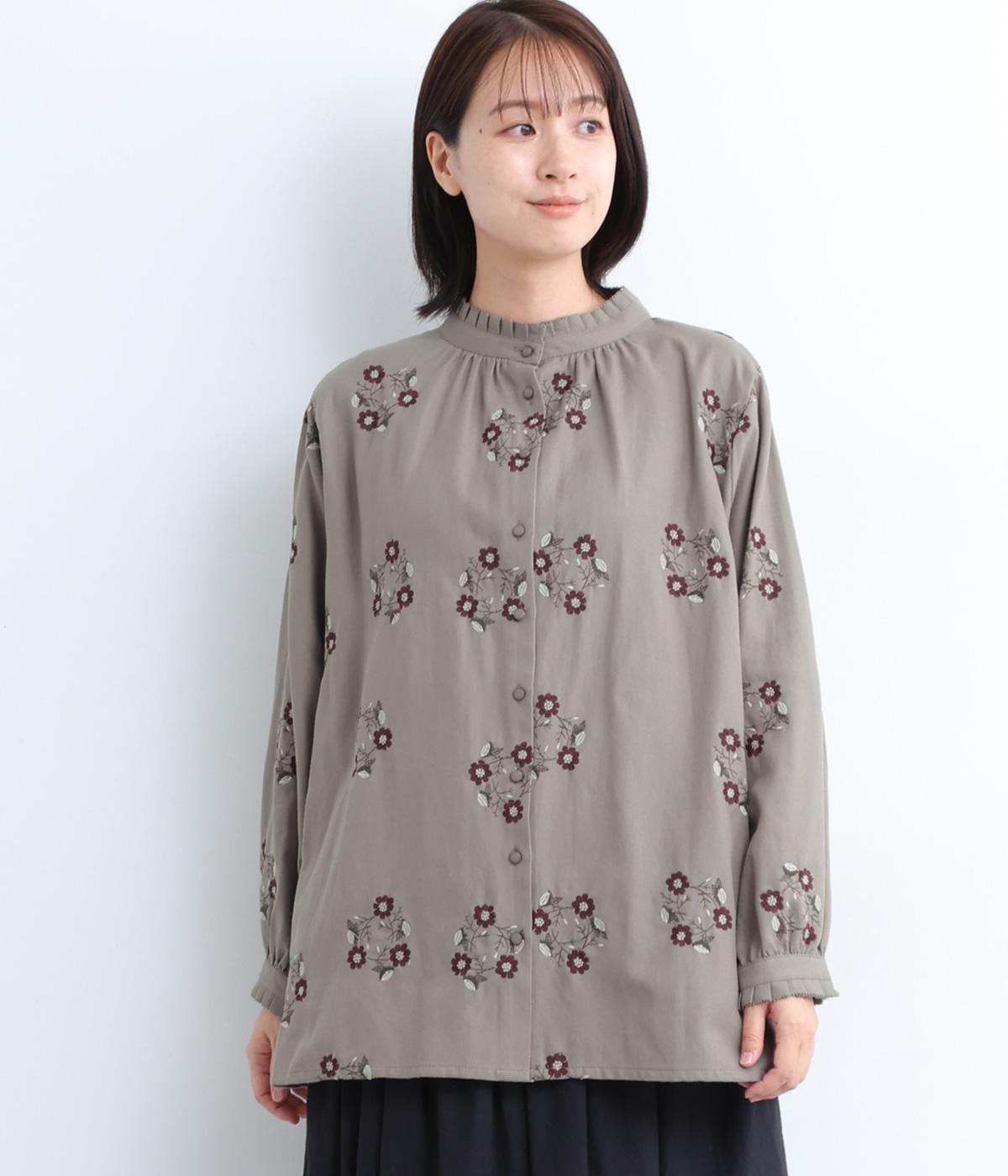 コットンサークル刺繍タックフリルブラウス(グレージュ-F)