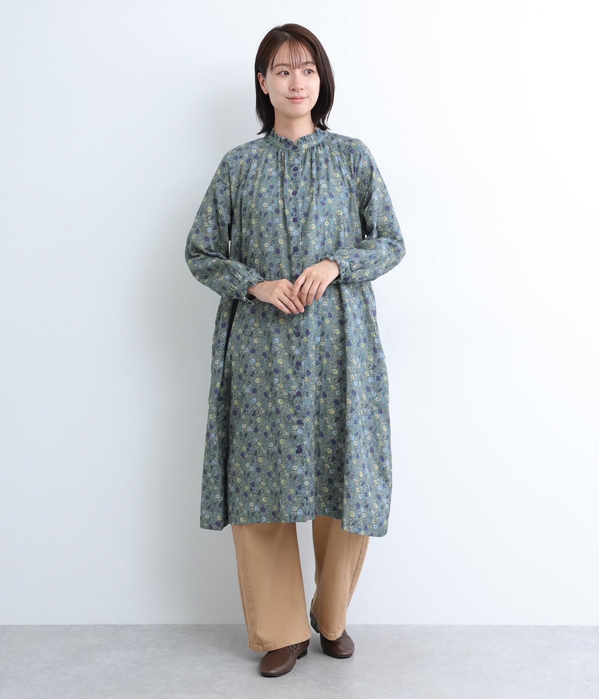 ダブルガーゼ花プリントフリルワンピース(ブルーグリーン-F)