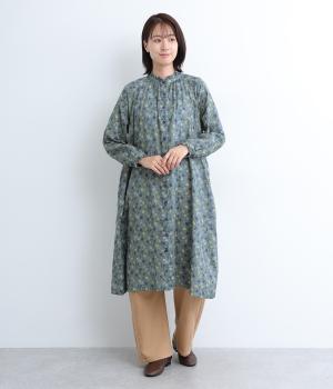 ダブルガーゼ花プリントフリルワンピース(ブルーグリーン-F)