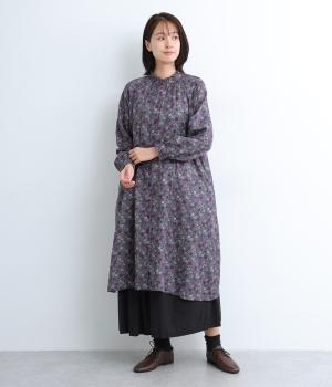 ダブルガーゼ花プリントフリルワンピース(パープル-F)