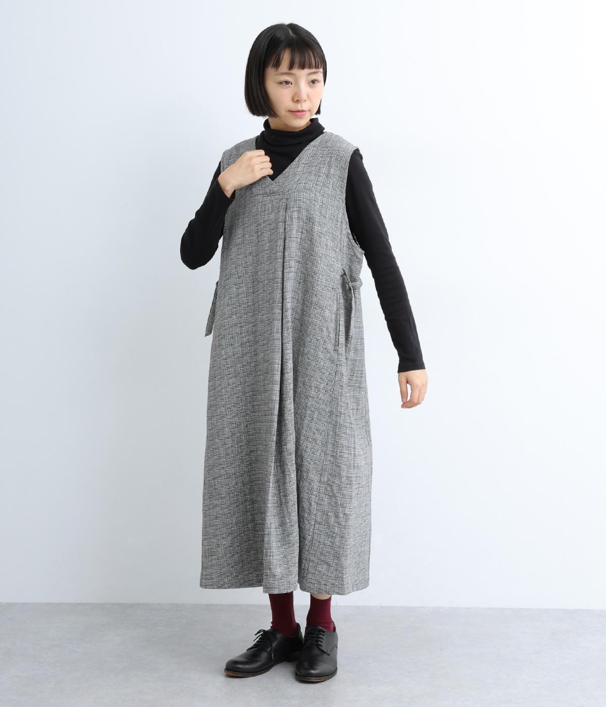 リネンコットンVネックジャンパースカート(グレンチェック-F)