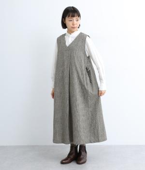 リネンコットンVネックジャンパースカート(千鳥-F)