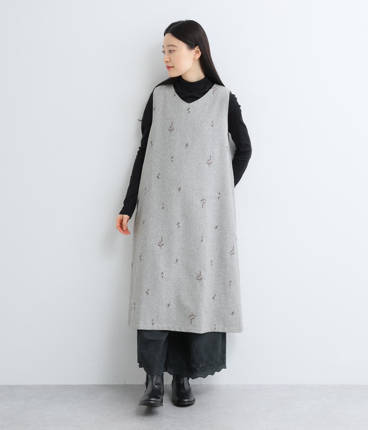 花刺繍Vネックジャンパースカート(ライトグレー-F)