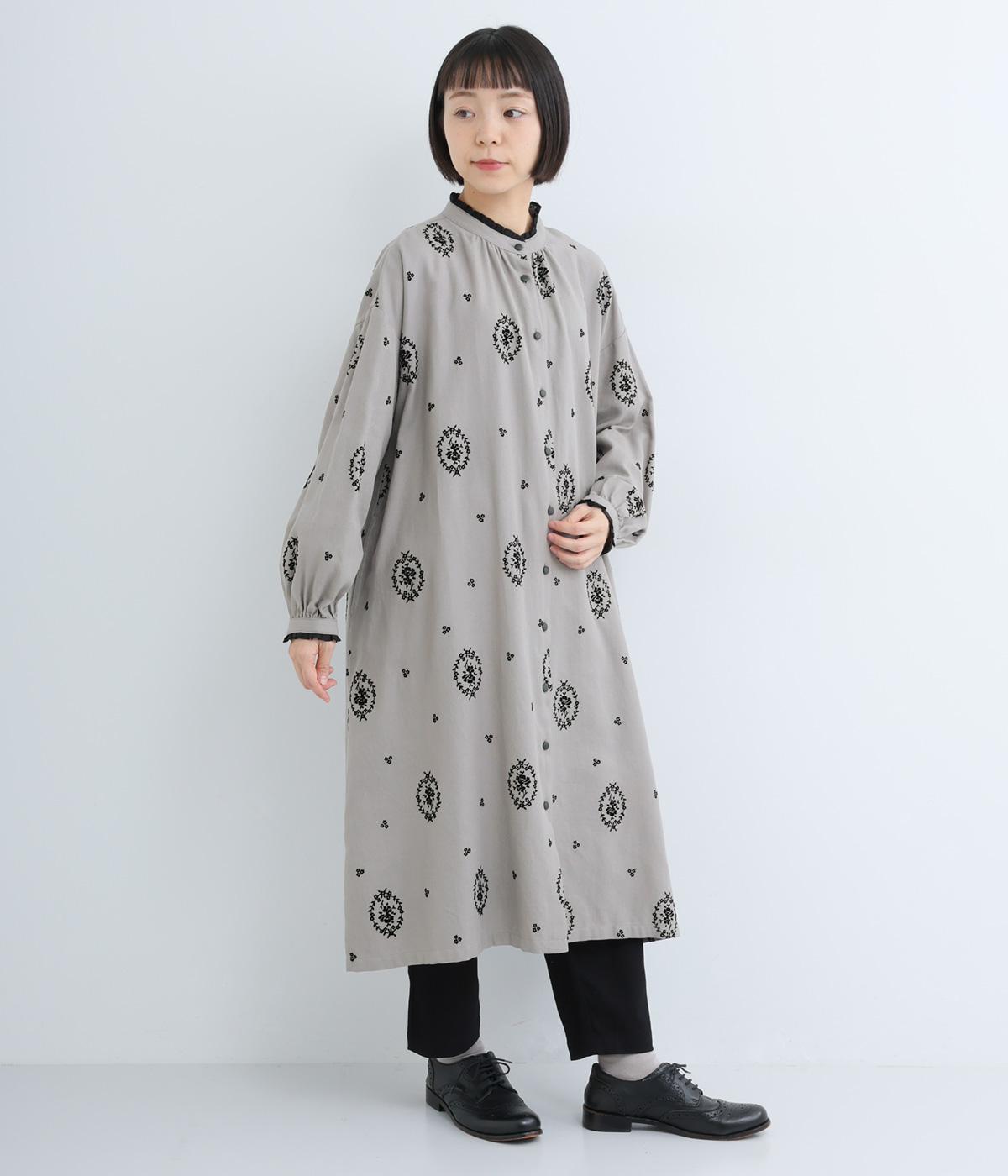 フロッキープリントフリルワンピース(グレー-F)