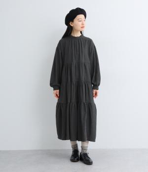 コットン綾起毛ティアードワンピース(チャコールグレー-F)