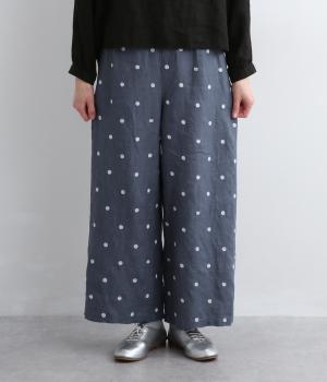 リネンネコドット刺繍イージーパンツ