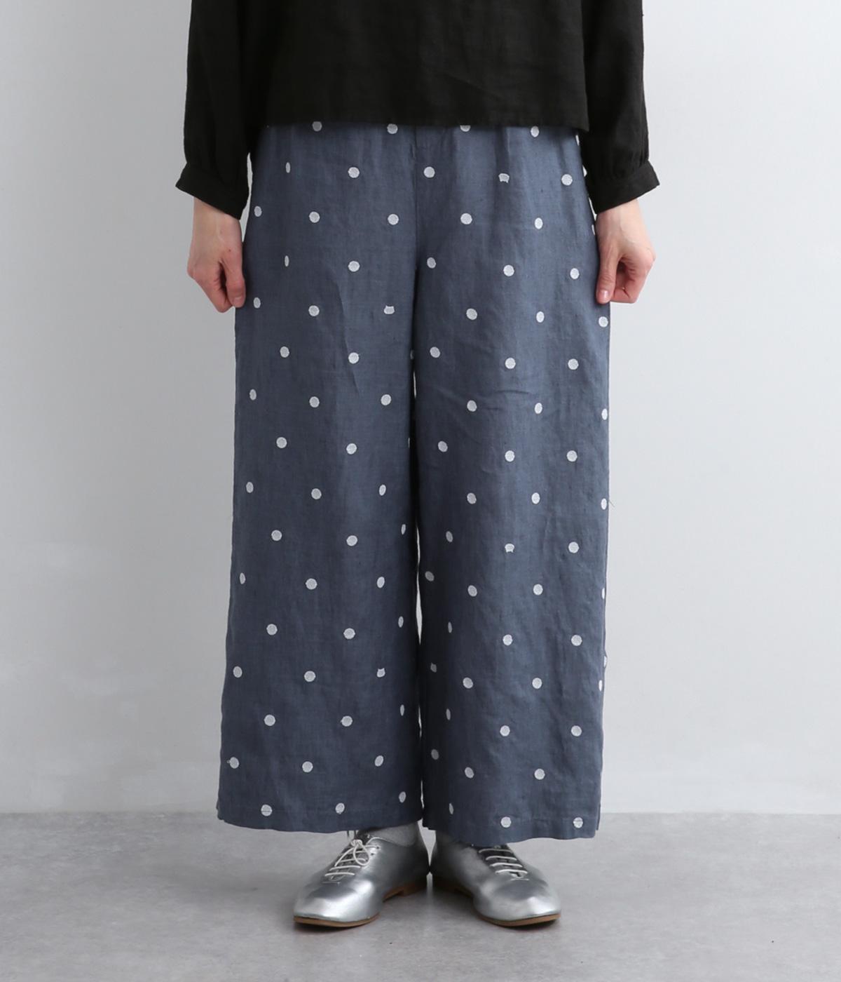 リネンネコドット刺繍イージーパンツ(ブルーグレー-F)