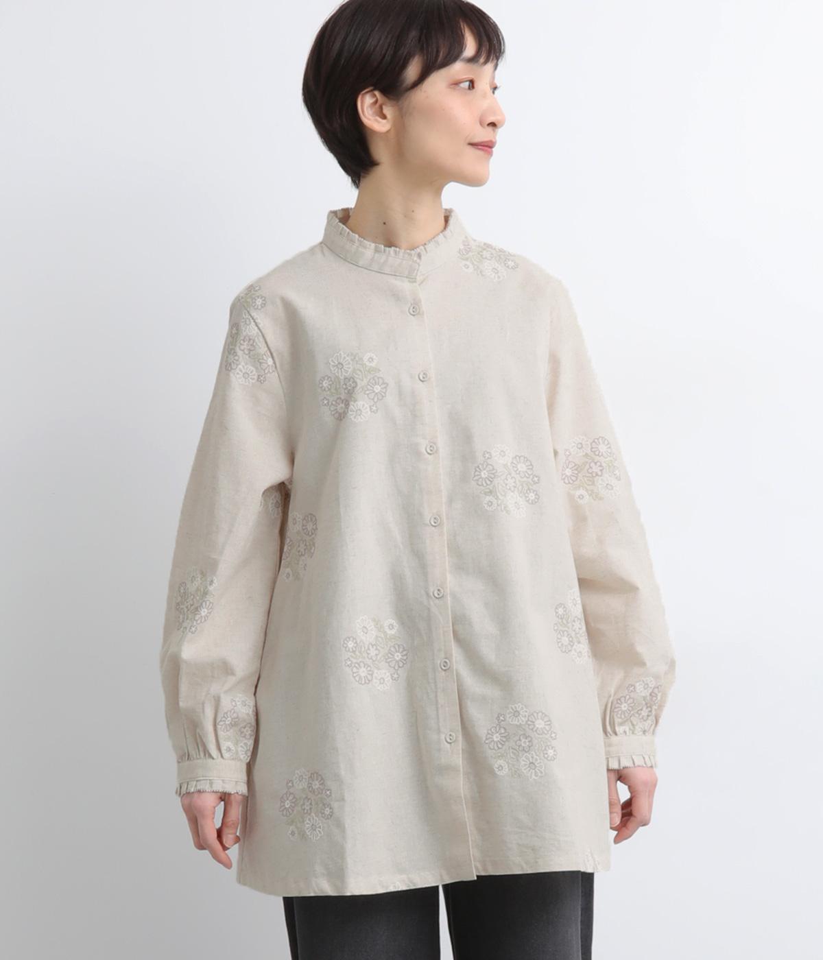 コットンリネン花刺繍タックフリルブラウス(ナチュラル-F)