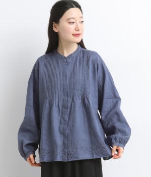 リネンカットワーク刺繍ピンタックブラウス(グレイッシュブルー-F)