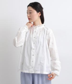 コットンローン　花刺繍レースフリルブラウス(オフホワイト-F)