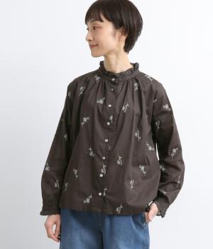 コットンローン　花刺繍レースフリルブラウス(チャコールグレー-F)