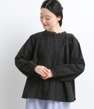 リネンレースピンタック2wayブラウス(ブラック-F)