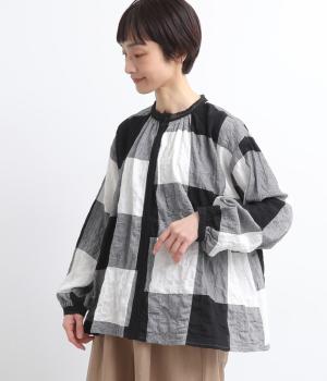 先染めシャーリングヘリンボーンギャザーブラウス(チェック-F)