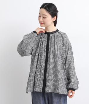先染めシャーリングヘリンボーンギャザーブラウス(ギンガムチェック-F)