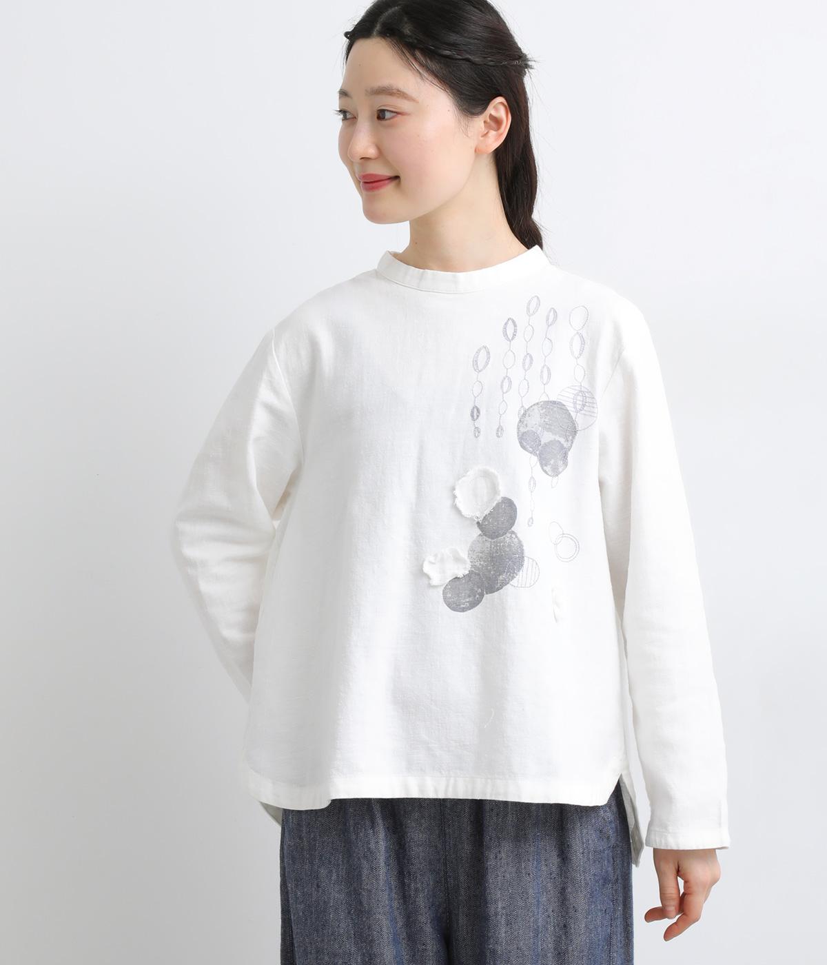 コットンリネン綾織り刺繍＆PTスタンド襟プルオーバー(オフホワイト-F)