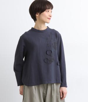 コットンリネン綾織り刺繍＆PTスタンド襟プルオーバー(ダークネイビー-F)