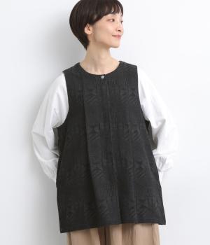 コットンリネンジャカードチュニックベスト(ブラック-F)