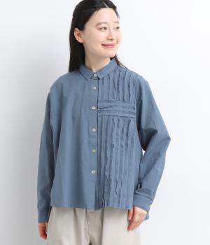 コットンリネンカットエンドシャツカラーブラウス(グレイッシュブルー-F)