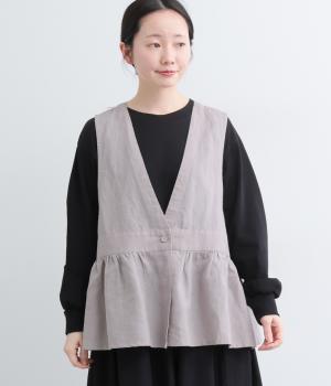 リネン平織りワンボタンギャザーベスト