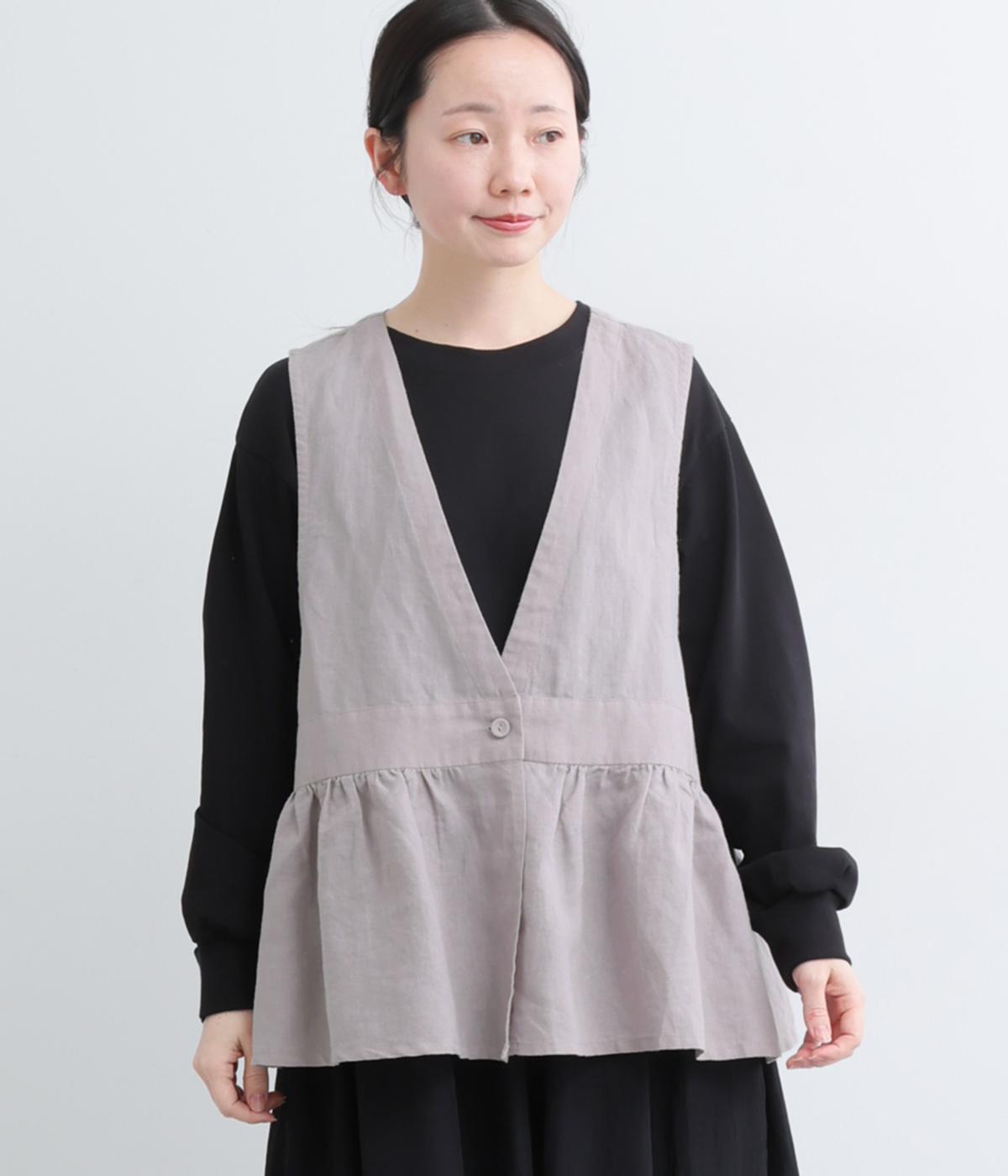 リネン平織りワンボタンギャザーベスト(グレージュ-F)