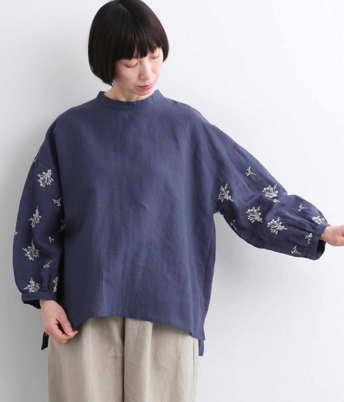リネンボタニカル刺繍切替えプルオーバー(ネイビー-F)