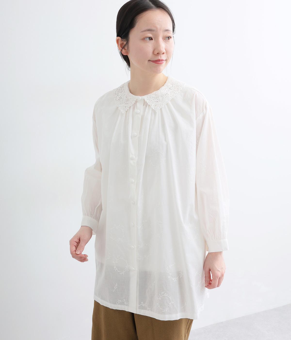 コットンローンリース刺繍レース襟2wayロングブラウス(オフ-F)