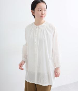 コットンローンリース刺繍レース襟2wayロングブラウス(オフ-F)