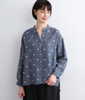 リネンネコドット刺繍マオカラーブラウス