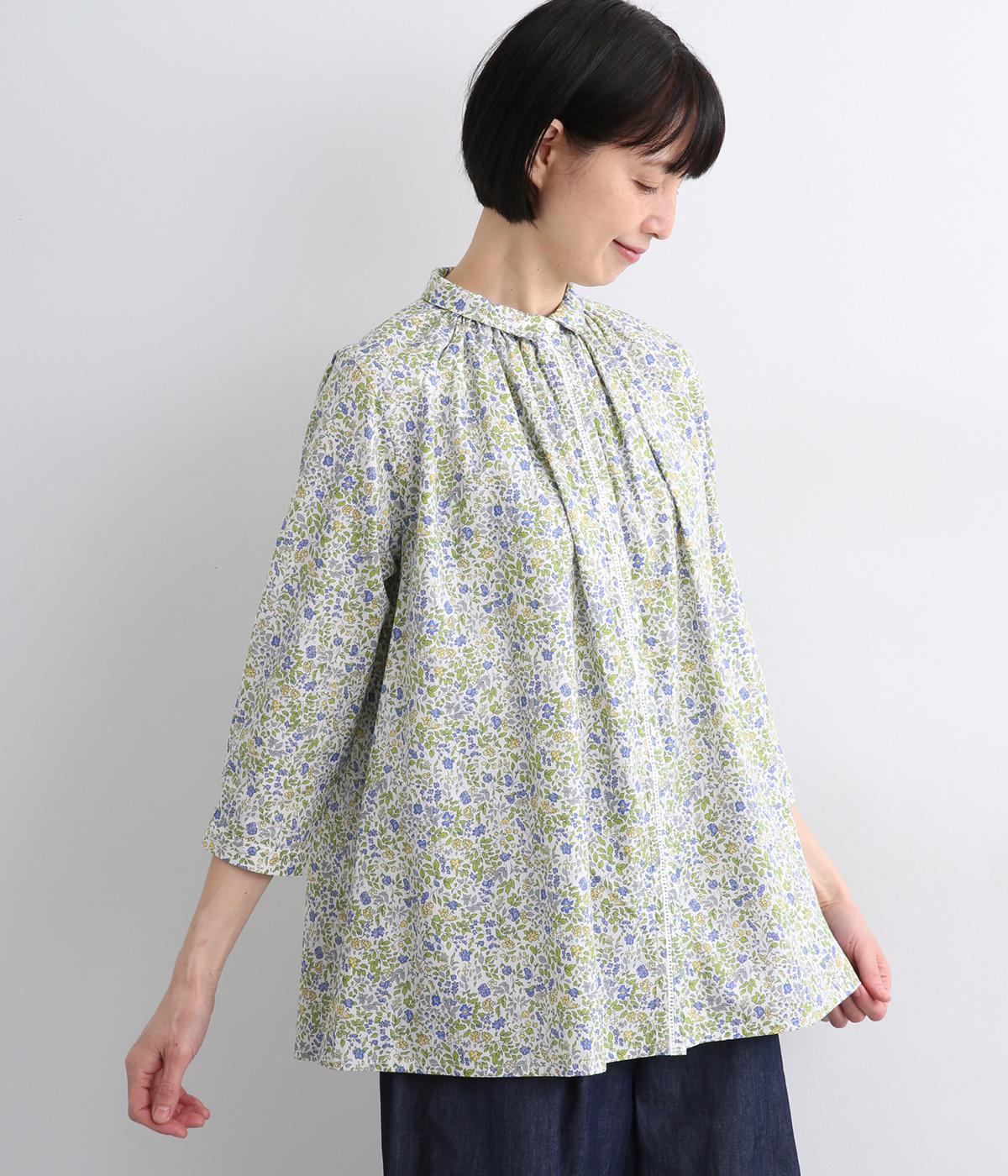 コットン小花プリントはしごレース使いブラウス(ブルー-F)