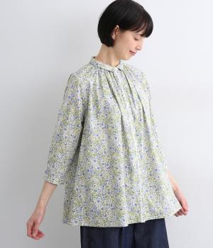 コットン小花プリントはしごレース使いブラウス(ブルー-F)