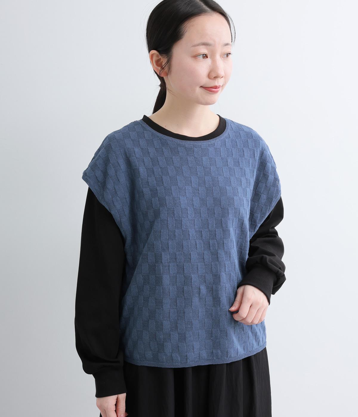 コットンリネンニットベスト(ブルー-F)