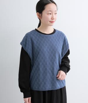 コットンリネンニットベスト(ブルー-F)