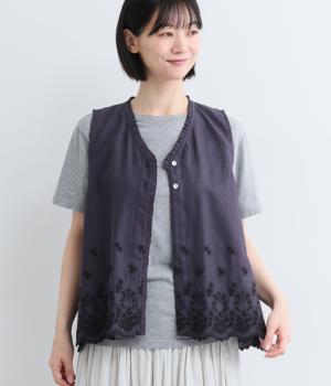 コットンリネンスカラ刺繍フリルベスト(ネイビー-F)