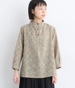 コットンリネンギンガムチェック　ボトルネックプルオーバー(レッド-F)