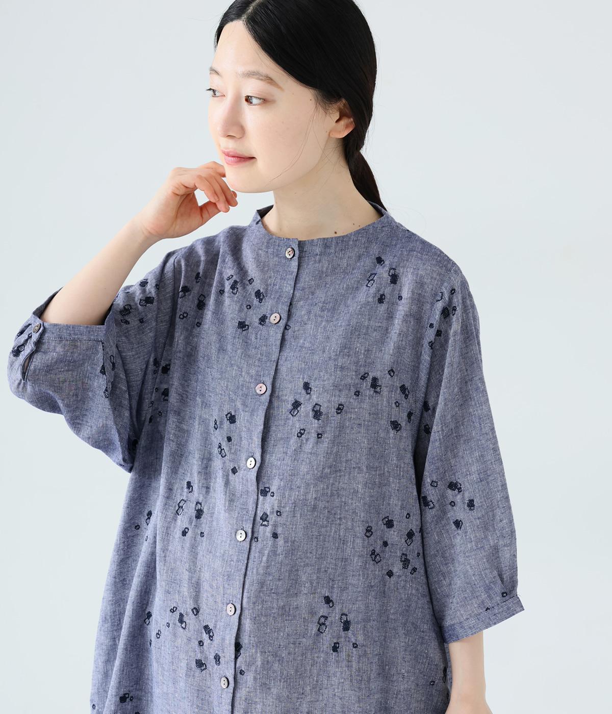 ELLIFE コットンリネン　袖刺繍　ロング ワンピース　ラベンダーカラー コットンリネン刺繍ハイネックロングブラウス｜ELLIFE（エリフェ）の
