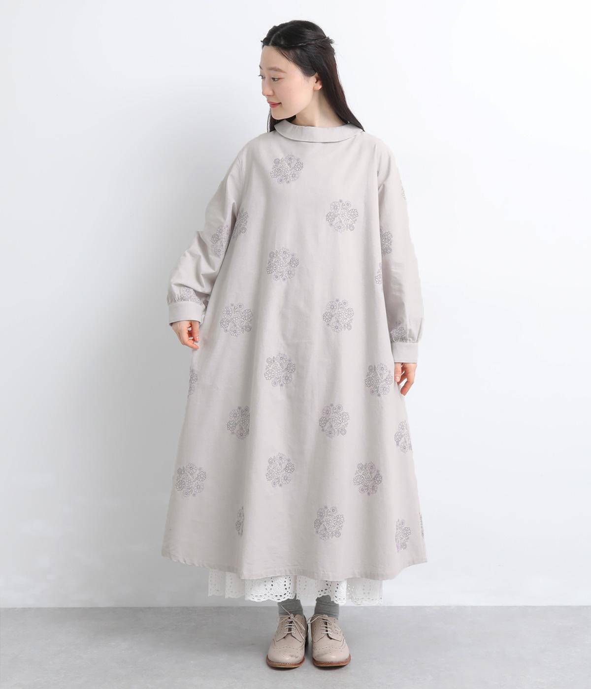 コットンリネン花刺繍ターンカラー2wayワンピース(ライトグレー-F)