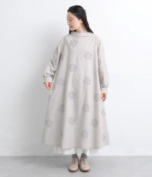 コットンリネン花刺繍ターンカラー2wayワンピース(ライトグレー-F)