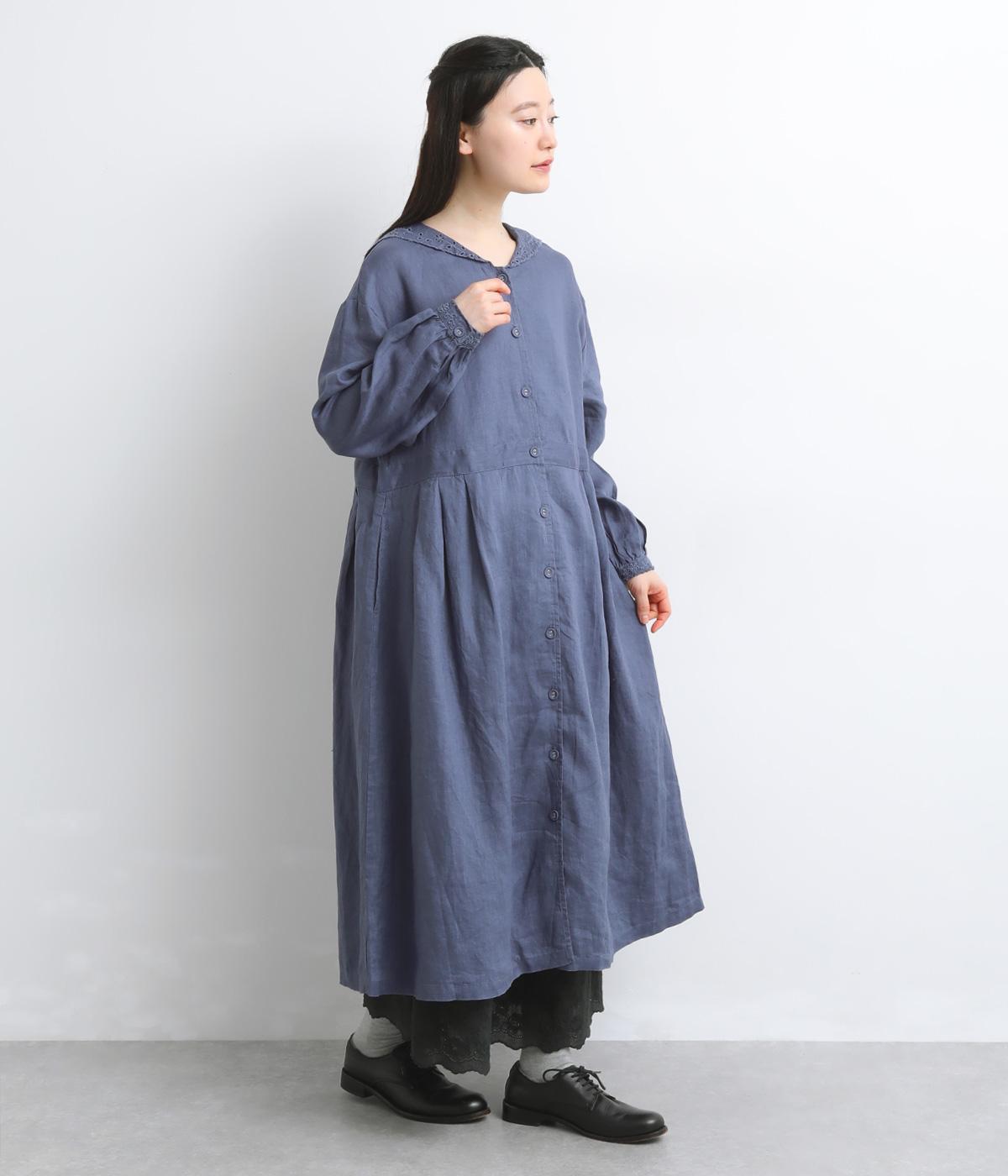 リネンカットワーク刺繍セーラーワンピース(グレイッシュブルー-F)