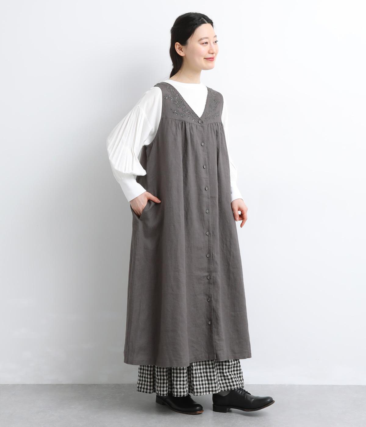 リネンカットワーク刺繍ジャンパースカート(チャコールグレー-F)