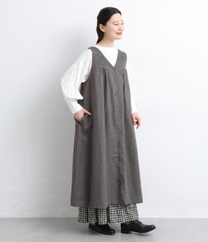 リネンカットワーク刺繍ジャンパースカート(チャコールグレー-F)
