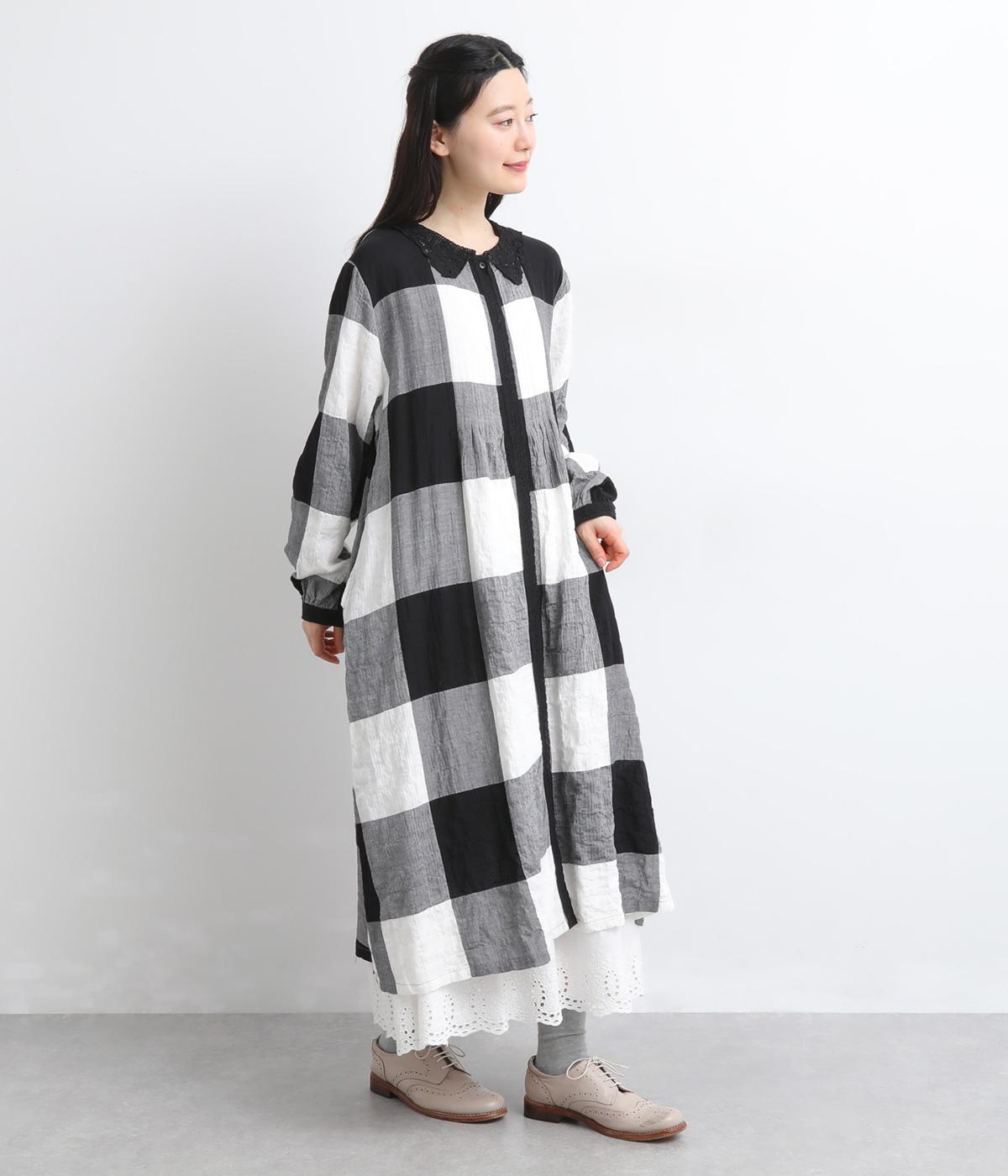 先染めシャーリングヘリンボーンピンタックワンピース(チェック-F)