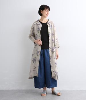 リネン水彩フラワープリントクラシカルワンピース