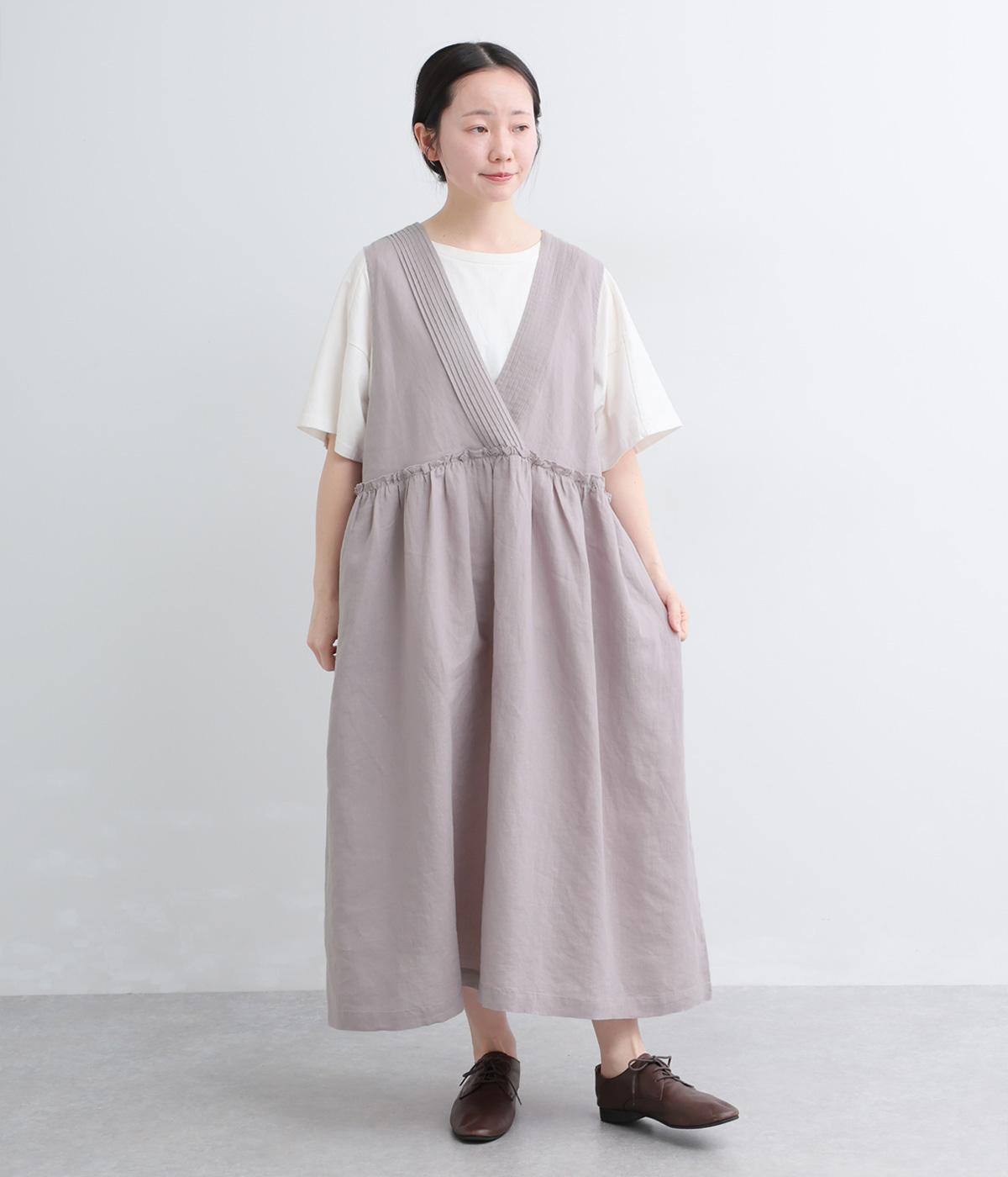 リネン平織りタックカシュクールジャンパースカート(グレージュ-F)