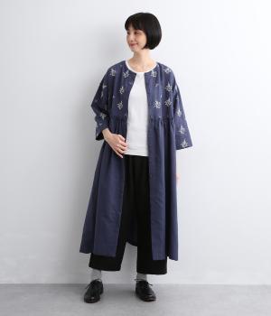 リネンボタニカル刺繍切替え前開きワンピース