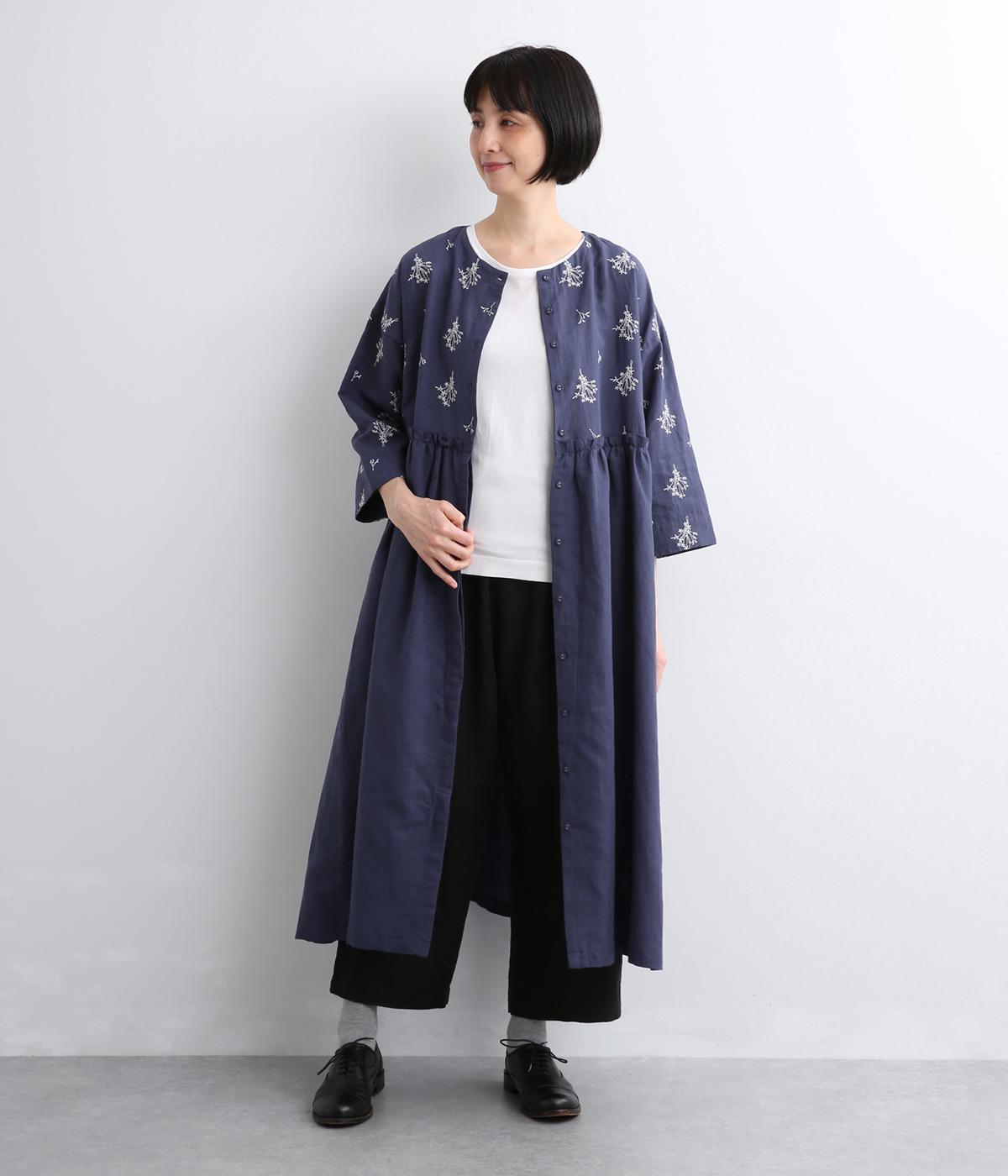 リネンボタニカル刺繍切替え前開きワンピース(ネイビー-F)